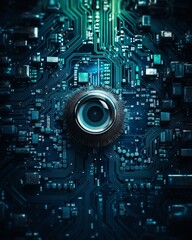 A close up of a computer chip with an eye in the middle.