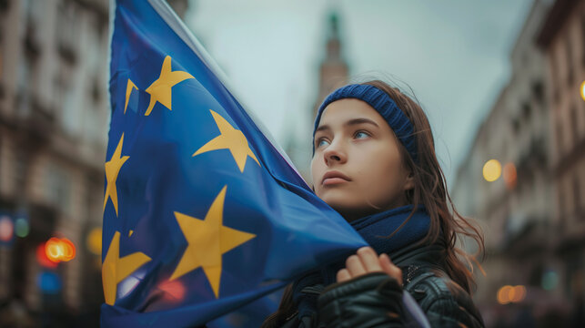 Woman holds the European Union flag in her hand. EU flag at a demonstration for EU accession