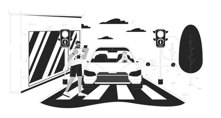 Crossing road at red light black and white cartoon flat illustration. Man walking across street in front of car 2D lineart characters isolated. Accident danger monochrome scene vector outline image