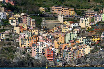 Riomaggiore in Cinque Terre, view from the sea, Italy