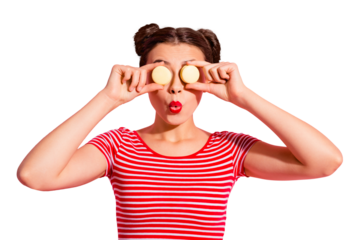 Close-up portrait of her she nice cute attractive glamorous funny cheerful cheery girl wearing striped t-shirt covering closing eyes with colorful snacks isolated over pink pastel background