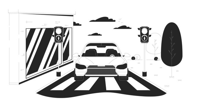 Car stopped at red light black and white cartoon flat illustration. Traffic regulation in urban district 2D lineart objects isolated. Driving vehicle in city monochrome scene vector outline image