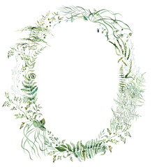 Oval frame with Watercolor fern twigs with green leaves isolated illustration, botanical wedding