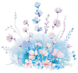 Bouquet made with watercolor pastel wild flowers and leaves,  hand drawn wedding illustration