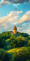 Castelo de Pedra Antigo em uma Colina Verde