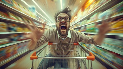 Dynamic image of a shocked man speeding with a shopping cart down a grocery aisle.