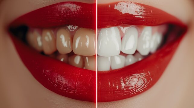 Close-up split image of lips with red lipstick, comparing yellow and white teeth.