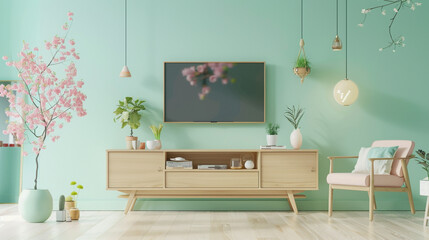 Pastel green 3D wall, minimalist oak TV unit, light colored accents.