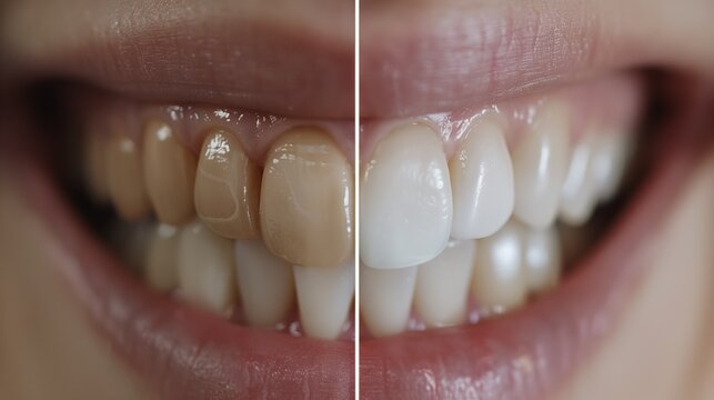 Close-up split image showing comparison of teeth before and after whitening.