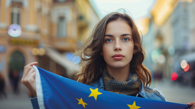 Woman holds the European Union flag in her hand. EU flag at a demonstration for EU accession