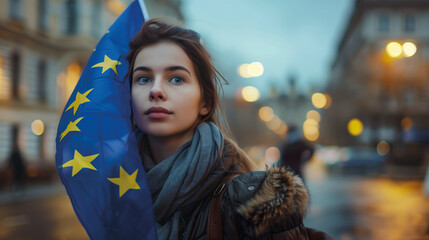 Woman holds the European Union flag in her hand. EU flag at a demonstration for EU accession