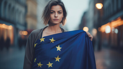 Woman holds the European Union flag in her hand. EU flag at a demonstration for EU accession