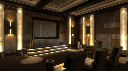 Private theater lit by bespoke Italian wall fixtures for an immersive feel.