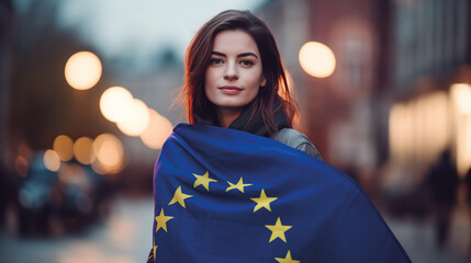 Woman holds the European Union flag in her hand. EU flag at a demonstration for EU accession
