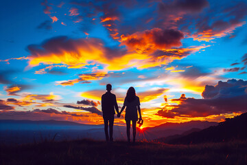 Fototapeta premium Silhouette of couple holding hands while dramatic sunset sky with beautiful clouds. Traveling and vacation concept.