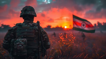 Soldier Watching Over a Blazing Battlefield at Dusk india independence day.