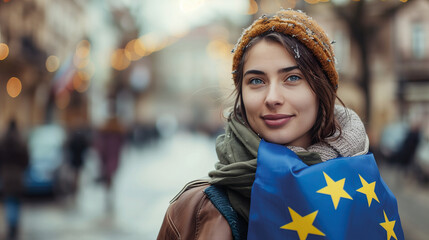 Woman holds the European Union flag in her hand. EU flag at a demonstration for EU accession
