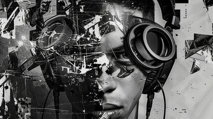 Abstract black and white artwork featuring a fragmented human face with headphones amid chaotic textures.
