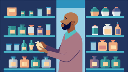 A man with a shaved head stands in front of shelves filled with glass jars choosing the perfect combination of scents to create his signature scent.