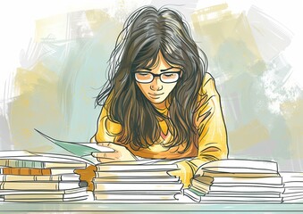 Young Woman Concentrated on Reading Among Piles of Books Illustration