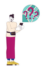 Disappointed caucasian man getting lost 2D linear cartoon character. Tourist trying to find location with smartphone isolated line vector person white background. Danger color flat spot illustration