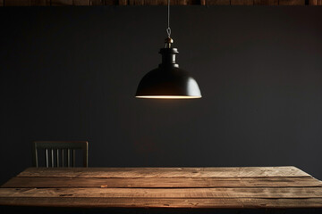 Italian pendant light casts a silhouette over a rustic wooden table, contrasting styles.