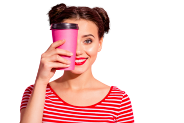 Close-up portrait of her she nice cute charming attractive lovely winsome sweet cheerful cheery girl wearing striped t-shirt closing half face with hot chocolate isolated on pink pastel background