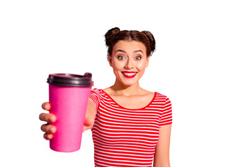 Portrait of her she nice cute charming attractive lovely fascinating cheerful funny girl wearing striped t-shirt giving you sweet hot chocolate isolated on pink pastel background