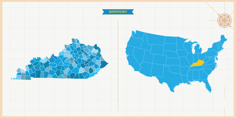 A Map highlighting Kentucky in the USA Map, Kentucky and USA modern map with Colorful Hi detailed Vector, geographical borders
