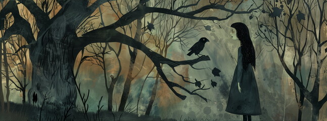 Folklore, myths, and storytelling. Raven black bird or crow.
