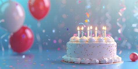 3d illustration of birthday cake with candles on blue background - obrazy, fototapety, plakaty