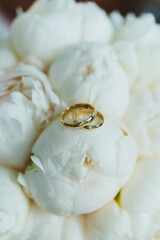 Precious gold rings for newlyweds on a background of flowers. Wedding rings for a couple.