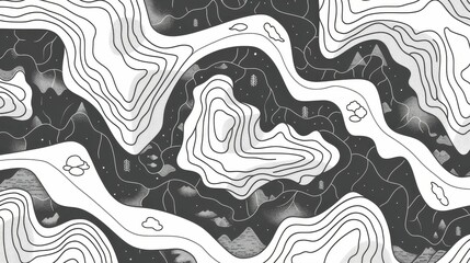 Abstract topographic lines with nature and animal icons in a monochrome palette - obrazy, fototapety, plakaty