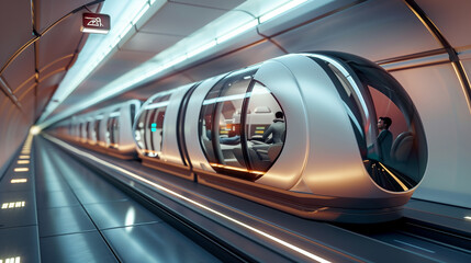 a scene of commuters traveling in hyperloop pods at supersonic speeds between cities, representing the future of high-speed transportation.