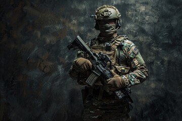 Fototapeta premium Special forces soldier with assault rifle against dark gray wall, tactical readiness