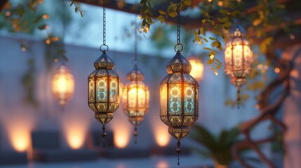 Obraz premium Traditional lanterns glowing beautifully at twilight, hanging amidst leaves on a serene evening.