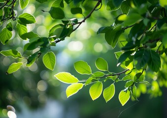 Fresh Green Leaves on a Branch with Sunlight Flare in Nature
