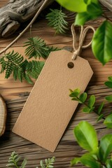 Wooden Background with Blank Tag and Green Foliage Accents