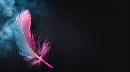 Elegant Pink Feather with Delicate Blue Smoke on Black Background