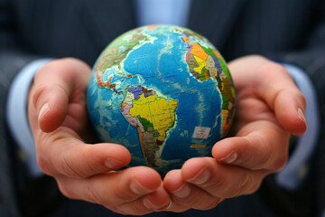 Businessman holding a globe in his hands, sustainability concept in business