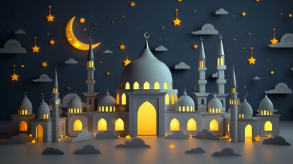 Stylized illustration of a mosque with illuminated windows under a starry sky with crescent moon and stars.
