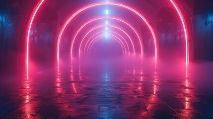 3d render, abstract panoramic red blue pink neon background with arrows showing right direction, glowing in the dark