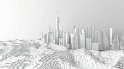 A grayscale sketch blending a city skyline with undulating topographic contours