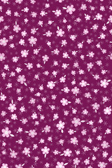 Seamless pattern with randomly many small pink flowers and snowflakes on wine red background. Romantic red, pink vector illustration. Winter background. Wedding decor.