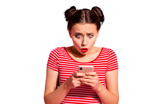 Close-up portrait of her she nice cute charming attractive lovely lovable magnificent nervous girl wearing striped t-shirt holding in hands device gadget isolated on pink pastel background - Powered by Adobe
