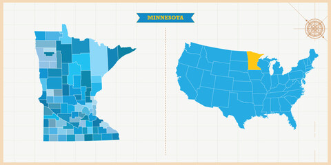 A Map highlighting Minnesota in the USA Map, Minnesota and USA modern map with Colorful Hi detailed Vector, geographical borders