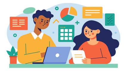 Fototapeta premium A woman with dyscalculia and her partner who excels in math find creative ways to handle finances together taking into account her struggles with. Vector illustration