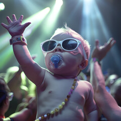 A small one-year-old child with sunglasses and a pacifier raised their hand at a concert amidst a crowd of people and numerous light and music effects. Generative AI.