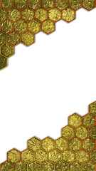 Hexagons with Golden Background. This image has an alpha channel space in the middle and shinny gold texture with hexagons on sides. Vertical resolution, PNG format.