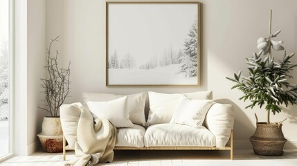 Modern living room interior with sofa and decorative plants.